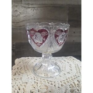 Crystal Red Rose Heart Etched Footed Candy Dish On Pedestal
